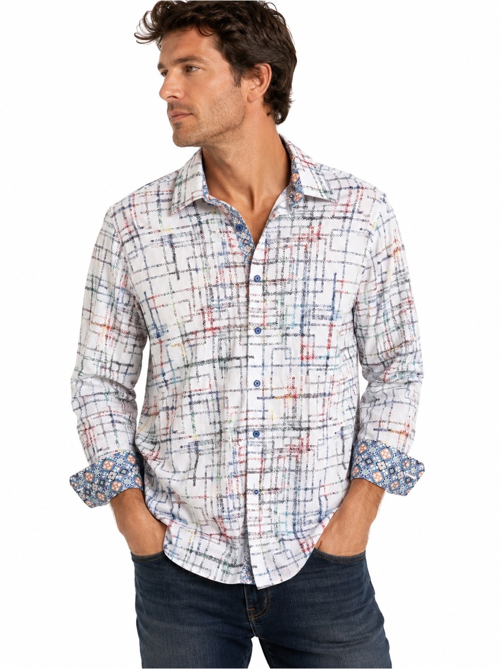 Robert Graham Classic Fit XL White Multicolor Abstract Plaid Button Down Shirt